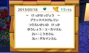 ブラックバス限定　釣り大会の結果　優勝：ユーカリ　2位：こうき　3位：ダルマン